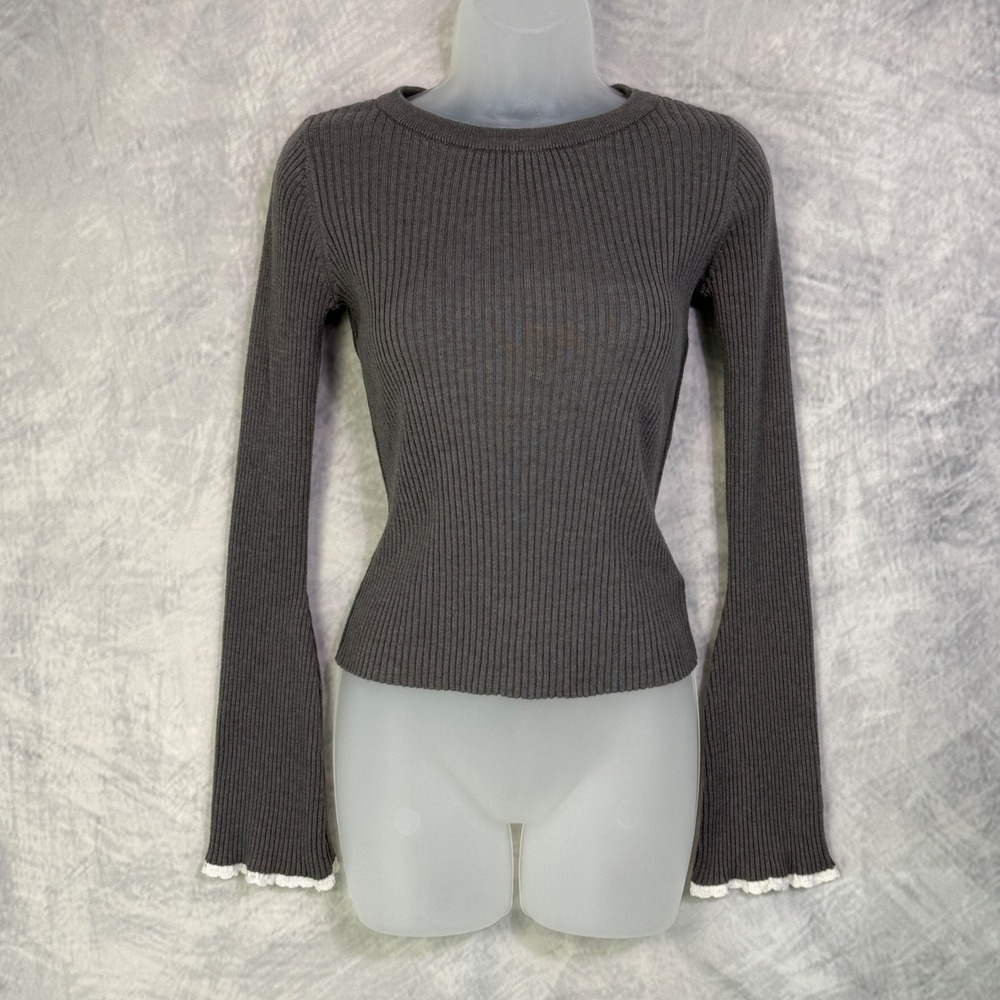 Y2K Ribbed cropped Sweater top Womens Sz S lace bell sleeves bella swan preppy